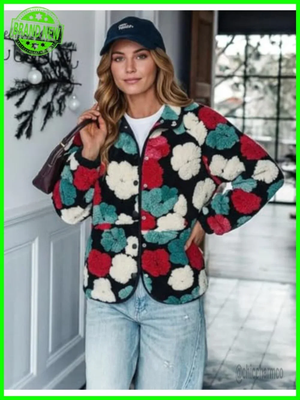 Women's Floral Fleece Shacket Button Down Sherpa Fall Winter Jacket